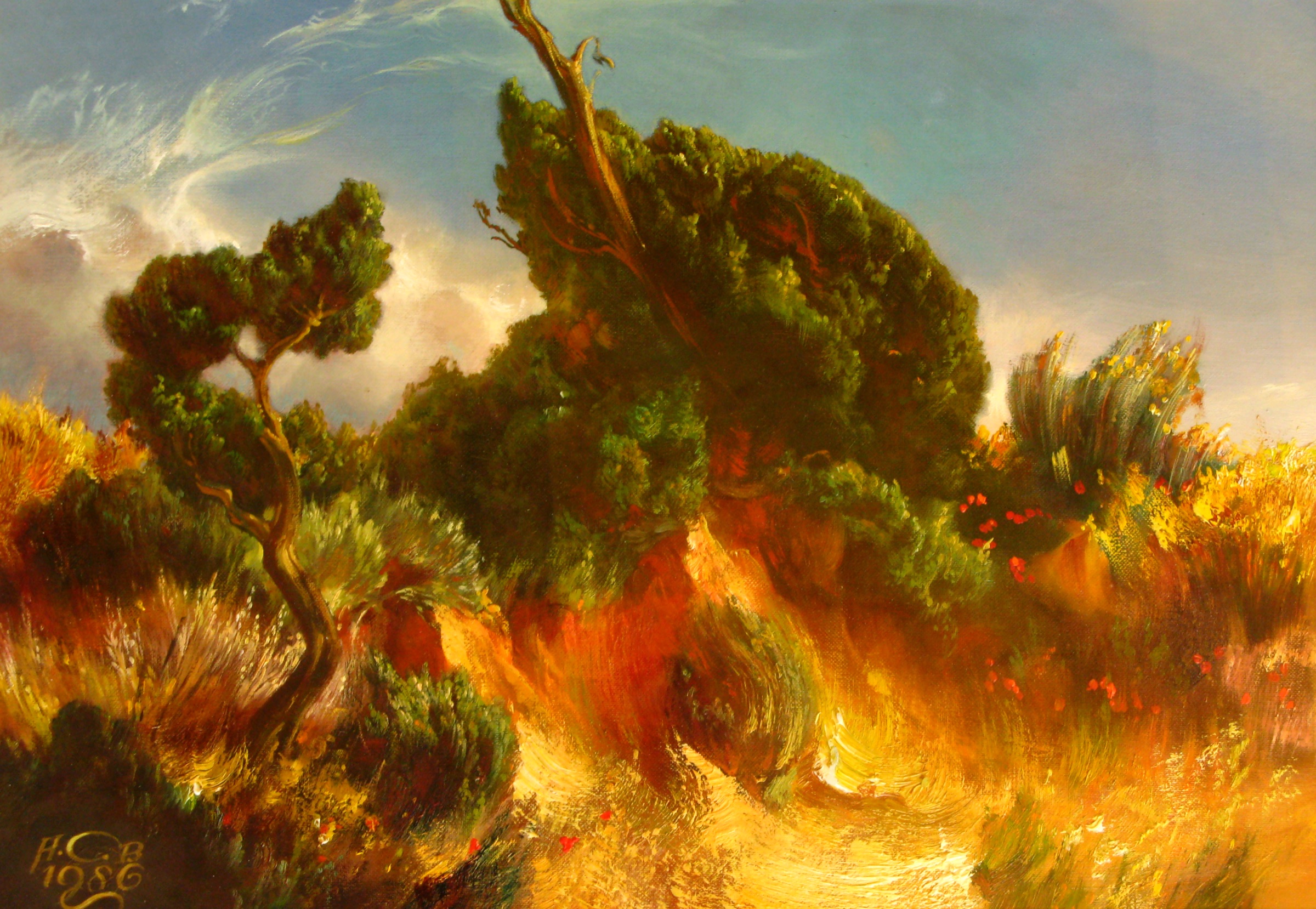 Pine Trees, Grass and Flowers