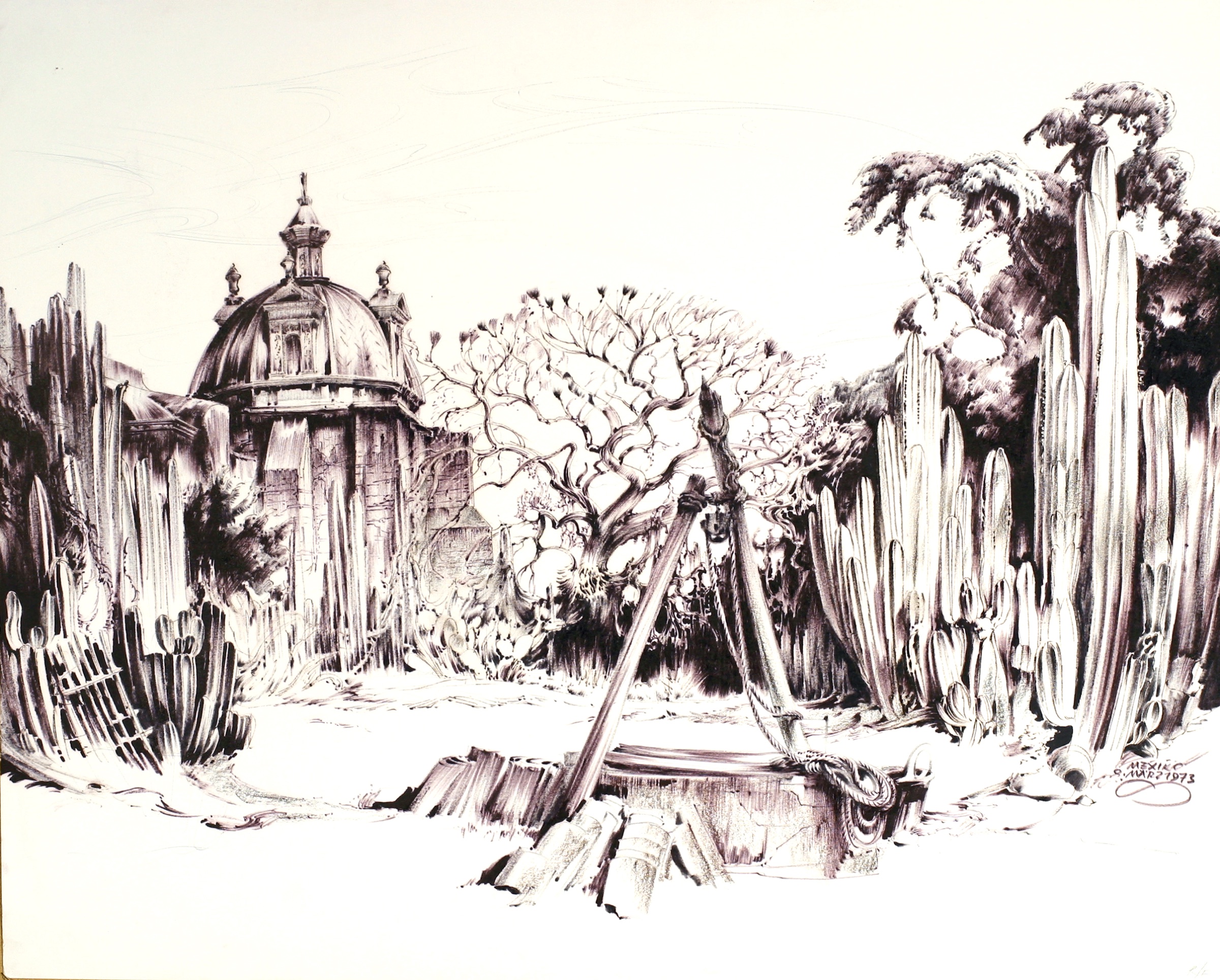 Church, Cacti and Fountain