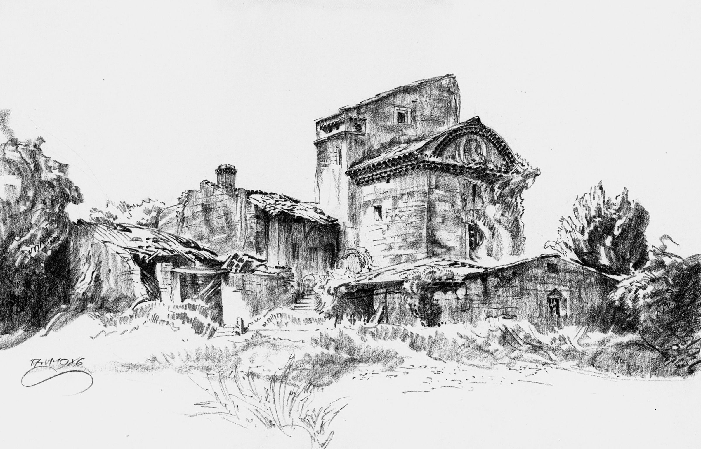Kirchenruine, Häuser