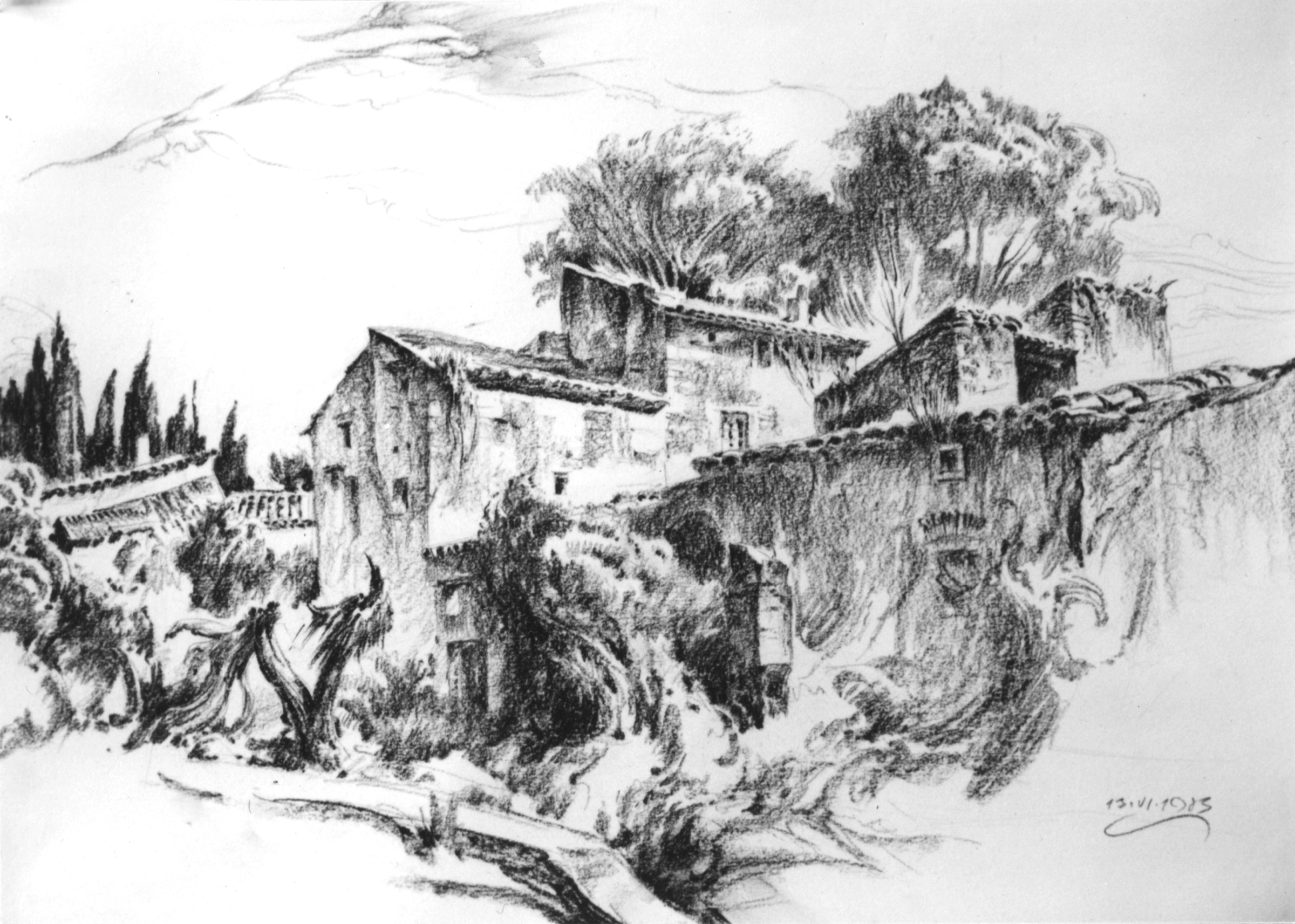 Farmstead with Shrubs and Cypresses