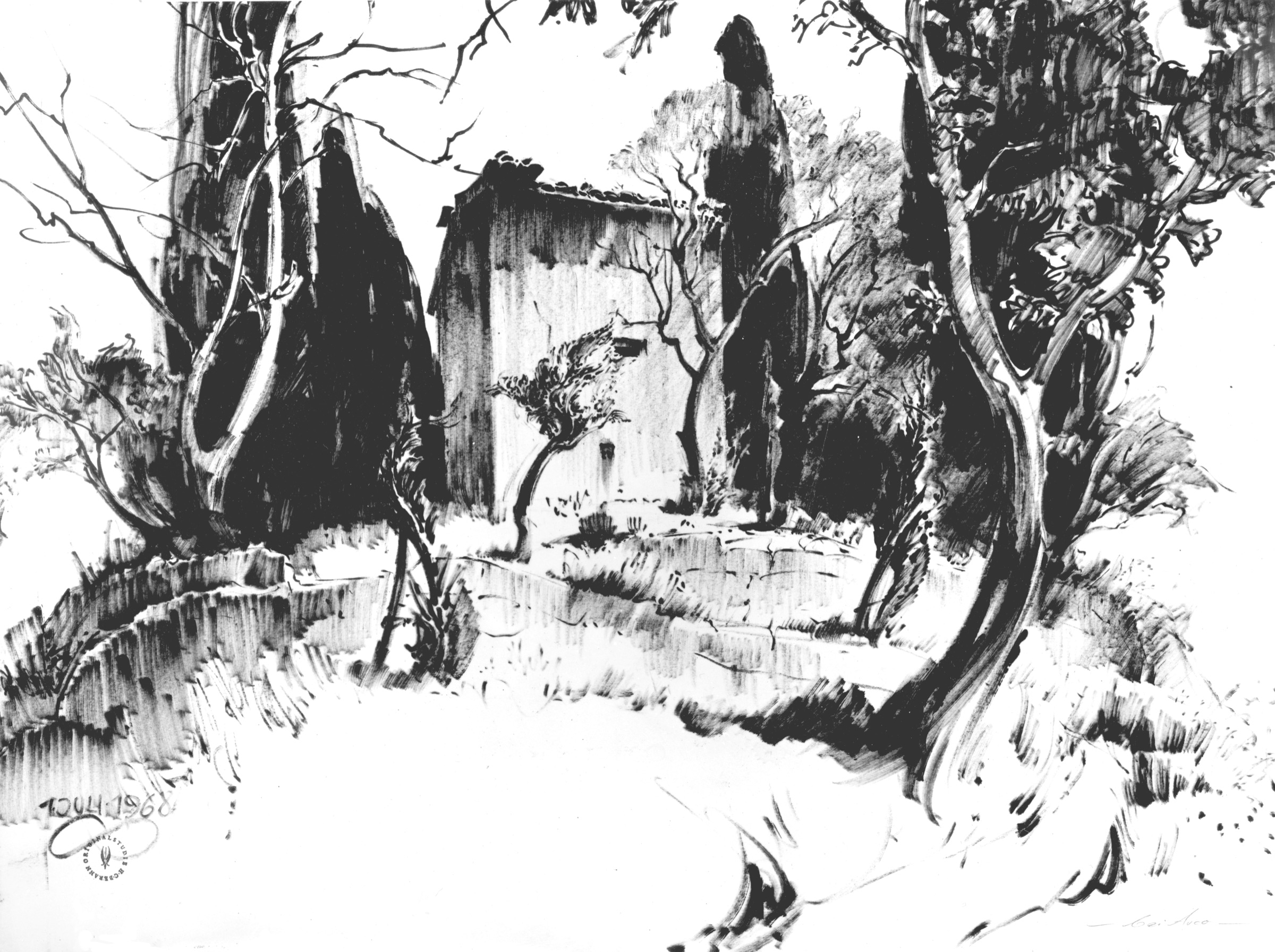 Hut between Cypresses and Olive Trees
