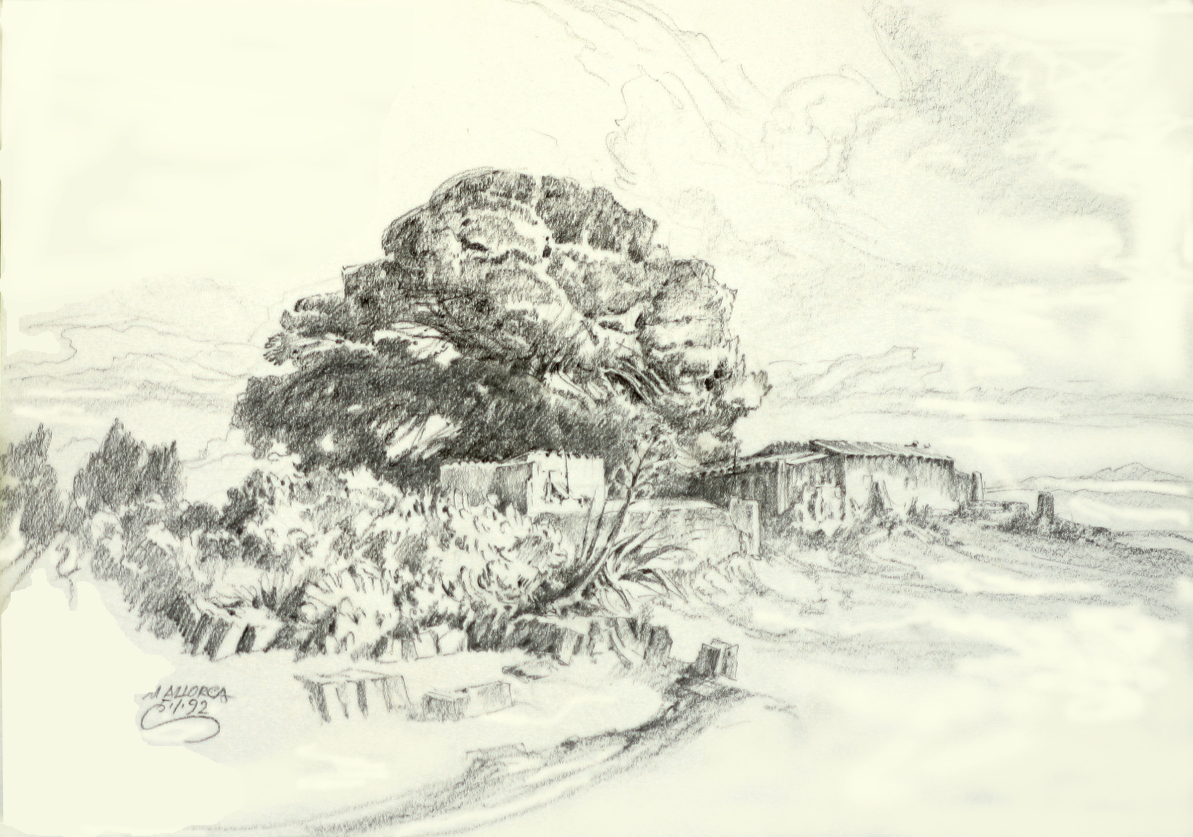Gehöft und Baum