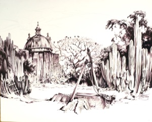 Church, Cacti and Fountain